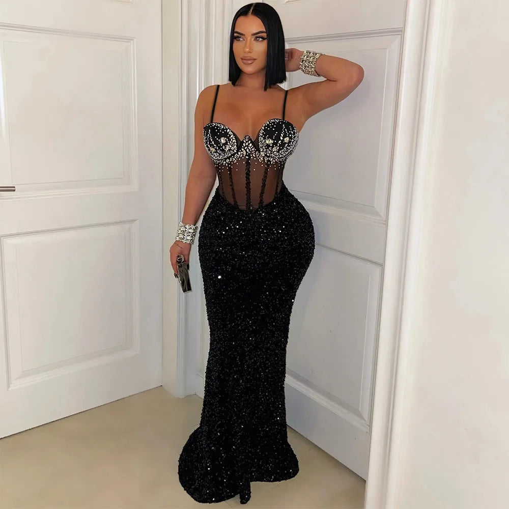 Mesh Velvet Diamonds Strap Maxi Dress