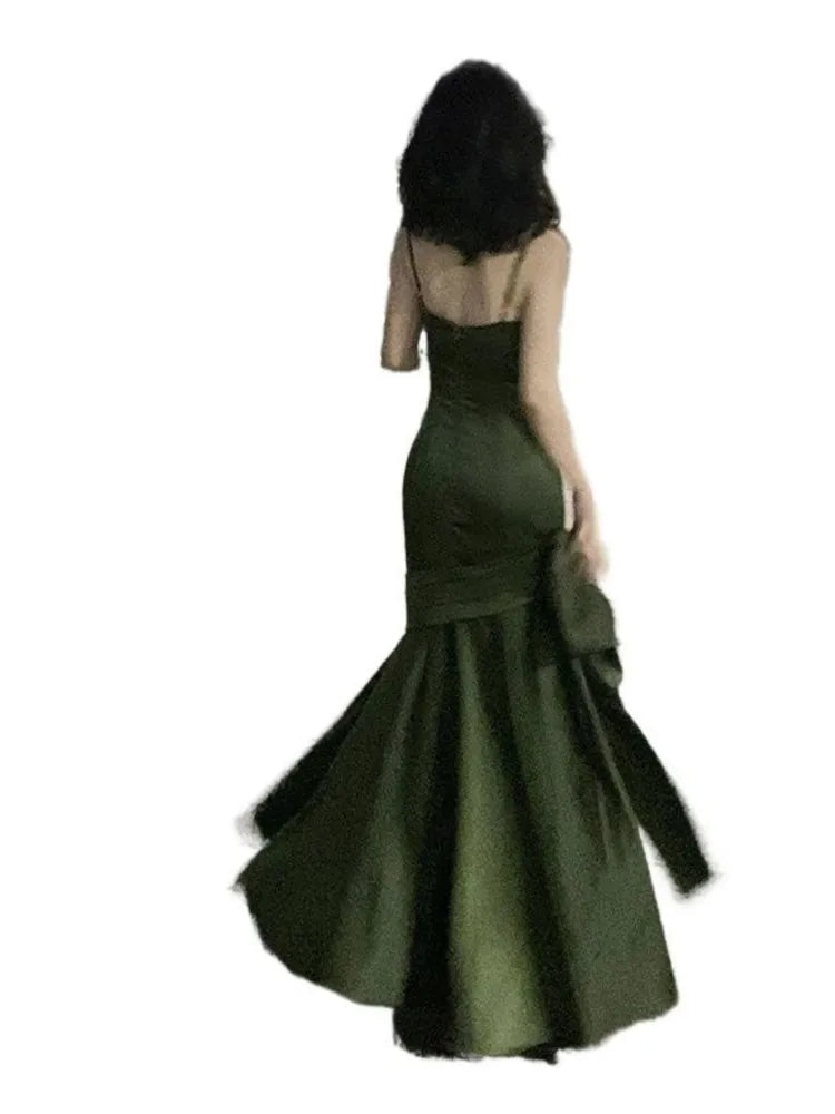 French Highend Design Sling Backless Waist Slimfit Bag Hip Pleated Bow Fishtail Long Dress Banquet Evening Dress