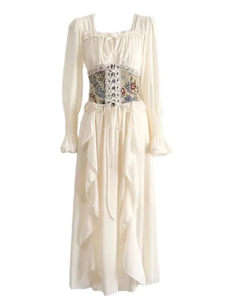Midi Dresses for With Wide Corset Belt Ruffles French Party Dress Birthday Prom Robe Vestido