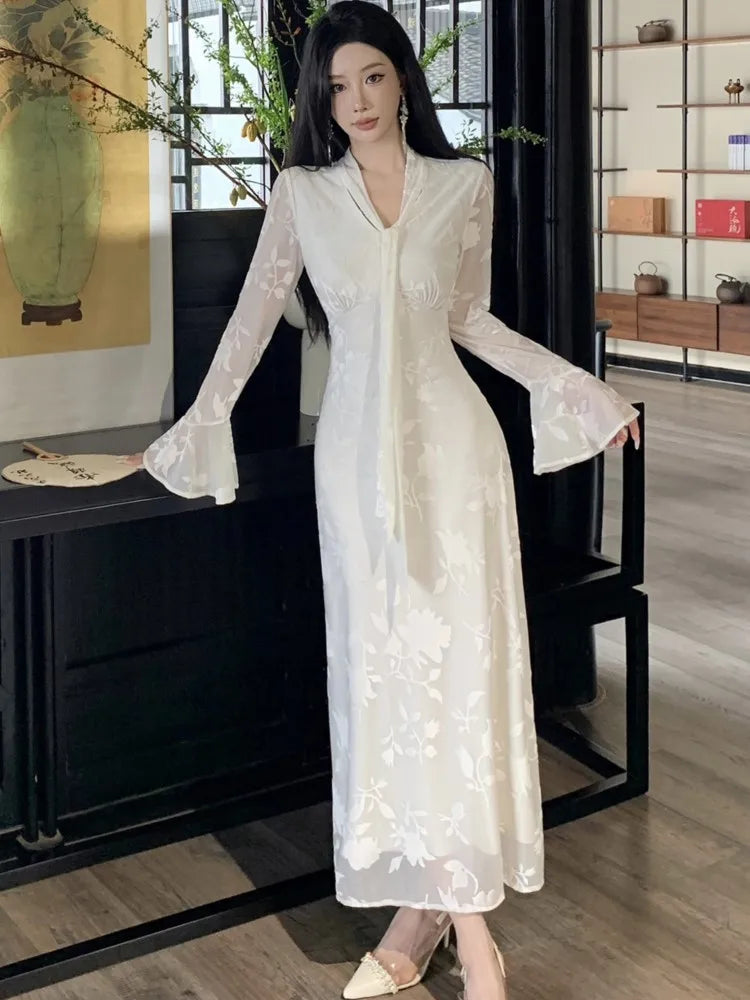 Flare Sleeve Long Dresses for New Autumn Vneck Slim Wedding Runway Party Lace Vestidos Clothing Long Robe
