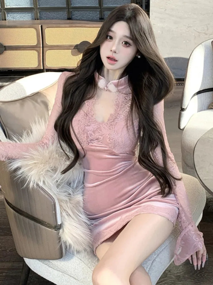 Velvet Mini Dress for Korean Lace Patchwork Flare Sleeve Party Short Dresses Female Slim Waist Vestidos New