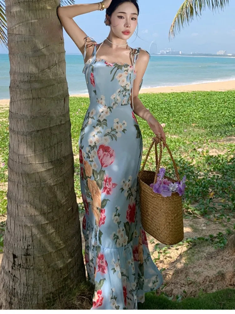 French Style Print Dresses Spaghetti Strap Bodycon Party Long Dress Summer Holiday Beach Vestidos Robe New