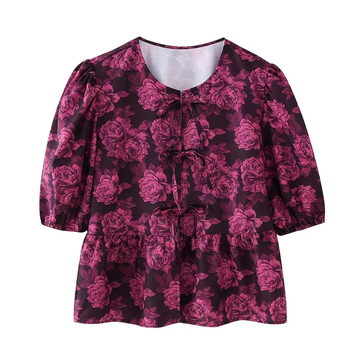Summer Printed Cropped Shirts Top Puff Short Sleeves Round Neck Blouse Female Laceup Tshrit
