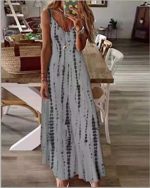 Printed Maxi Spaghetti Strap Dresses for V-neck Backless A-line Long Dress Style Beach Vestidos