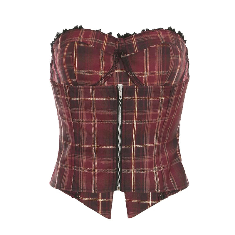 Christmas Red Plaid Lace Trim Bandage ��s Straps Tops Skinny Hotsweet Festive Atmosphere Blouses