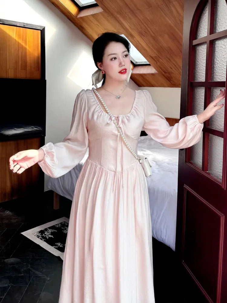 Pink Long Sleeved Dress Autumn Gentle Thin Goddess Gentle Princess Sweet Temperament Fairy Skirt Long Dresses