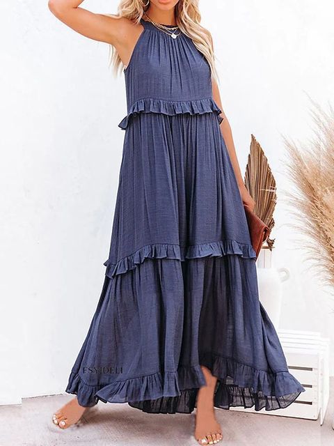 Summer Vacation Style Halter Neck Long Dresses Backless Leace-up Loose Ruffles Beach Dress Vestidos