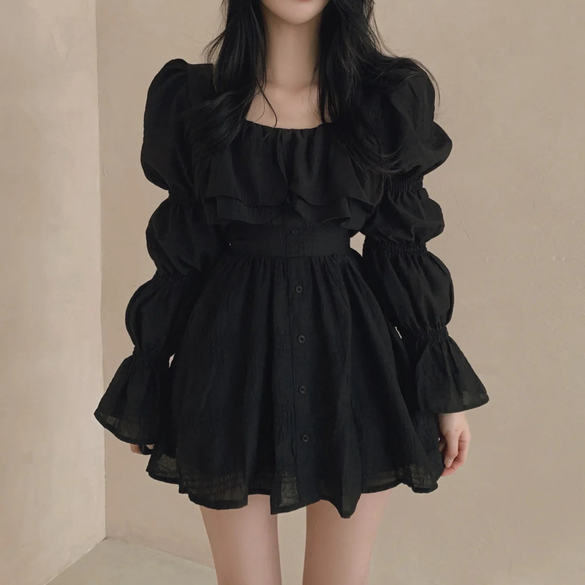 Dresses Puff Sleeve Ruffles Square Neck Spring Autumn Vestidos Mujer Korean Aline Mini Dress
