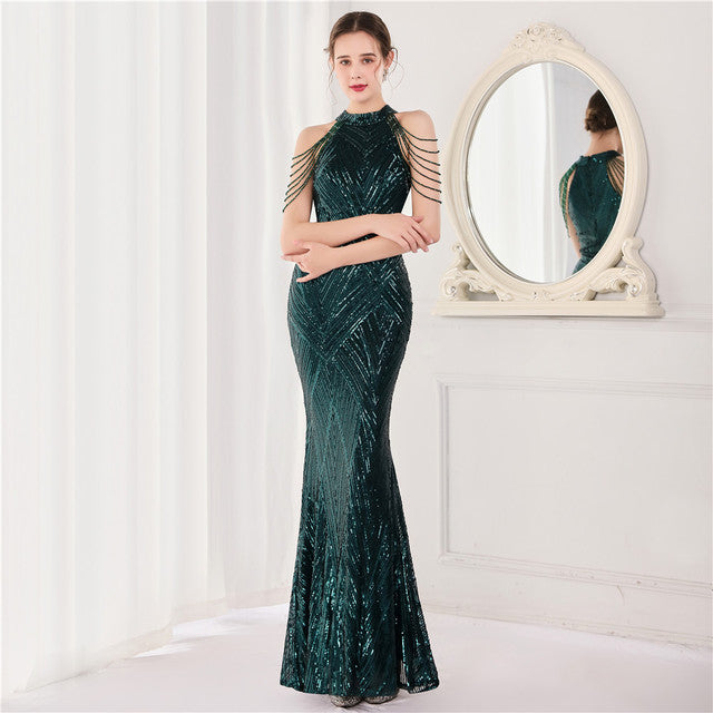 Halter Neck Sequined Evening Dresses Crystal Tassel Hip Skirt Sleeveless Rhinestone Decoration Long Dress