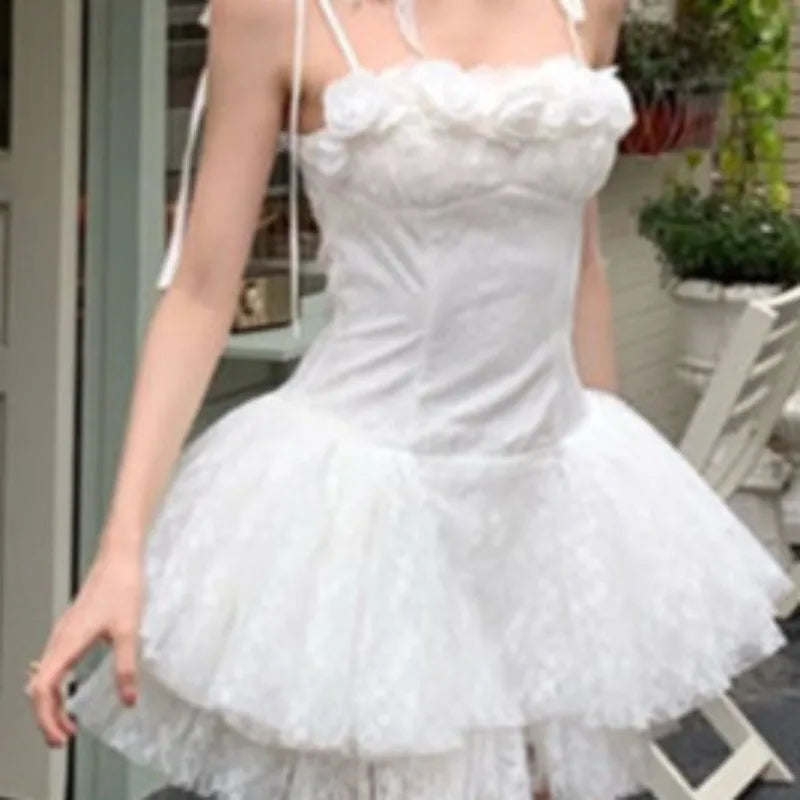 Mini Dresses Lace Patchwork Bow Sleeveless Slim Backless Mesh Sweet Party Dress Spring Summer Female