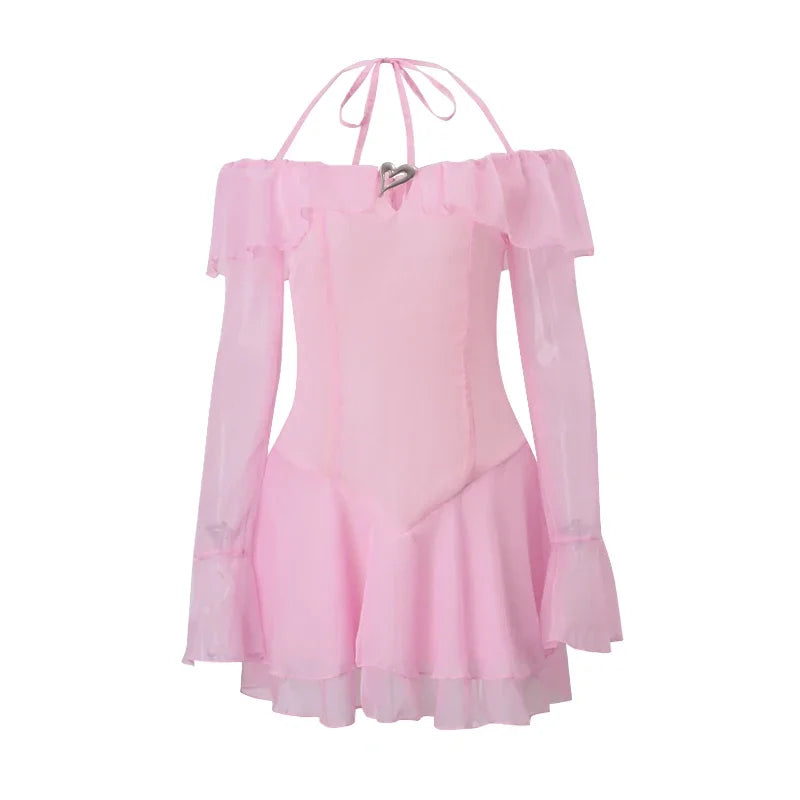Y2k Pink Ruffles Halter Dress Off Shoulder Long Sleeve Slim a Line Mini Dresses Evening Party Vestidos