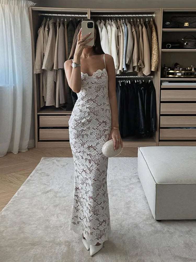 Lace Hollow Out Sling Dress Backless Bandage Bodycon Maxi Dress Summer Lady Party Evening Robes