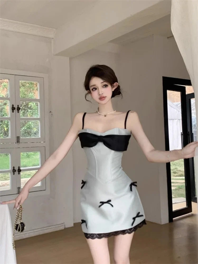 Wedding Party Evening Dresses Sleeveless Bowknot Lace Patchwork Backless Birthday Cocktail Mini Dress Prom