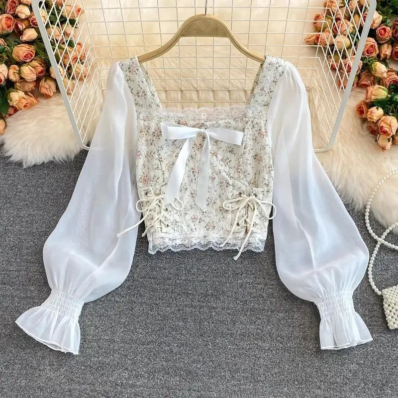 Cropped Shirts Bow Lace Patchwork Blouses Summer Korean Print Square Collar Bandage Long Sleeve Slim Tops