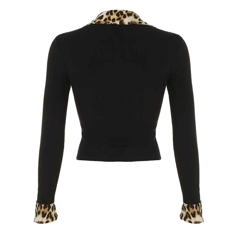 Leopard Up Turn Down Collar Button Long Sleeve Blouses S Autumn New Knitter Basic Top Tees