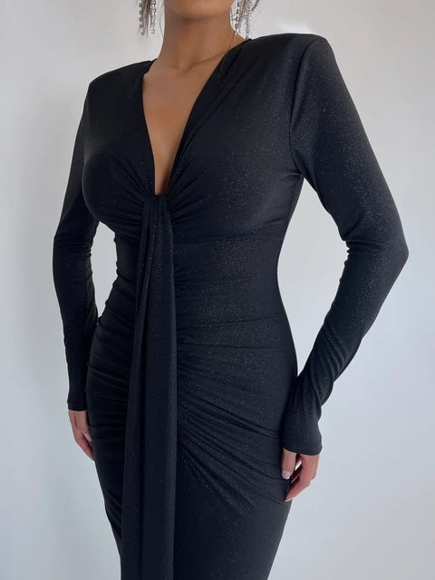 Long Sleeved Lace Up Pleated Evening Dress for Vneck Bodycon Elastic Maxi Dress Female Party Club Vestidos