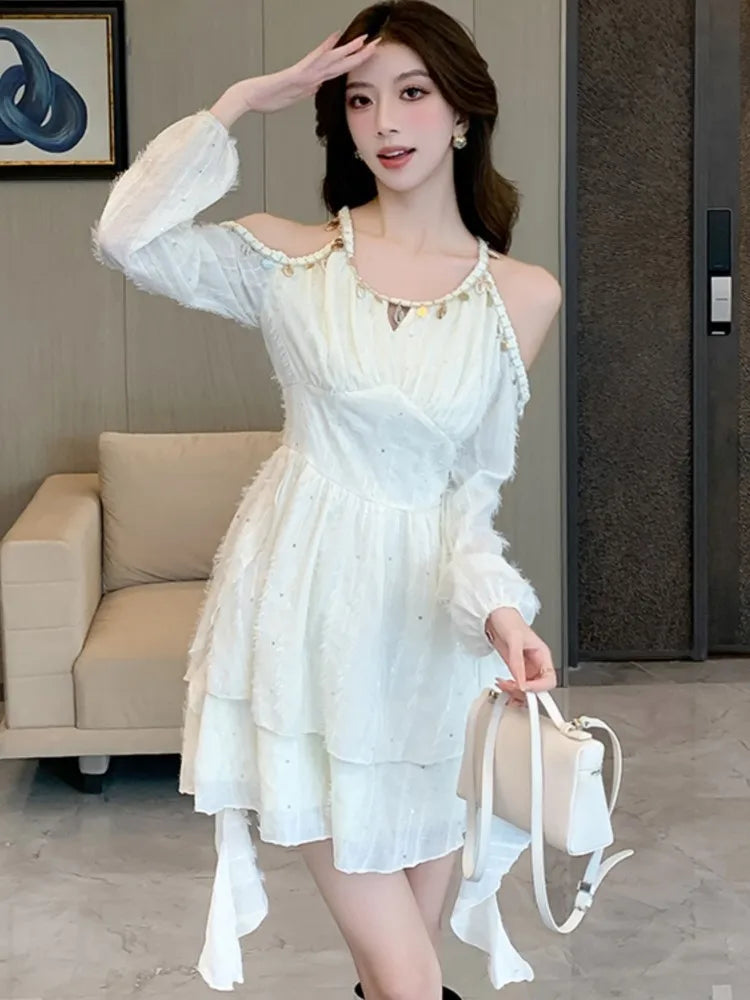Princess Mini Dress for Sequin Off Shoulder Ruffle Long Sleeve Aline Vestidos Korean Female Short Dresses