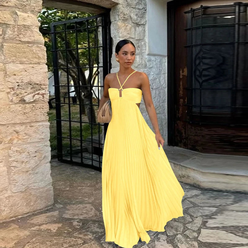 Pleated Blue Halter Maxi Dress