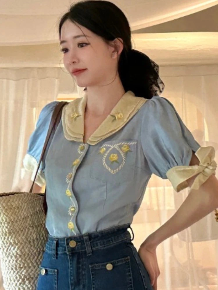 Blue Embroidered Shirts Lapel Sweet Temperament Blouses Y2k Clothing New Korean Blusa Mujer Moda