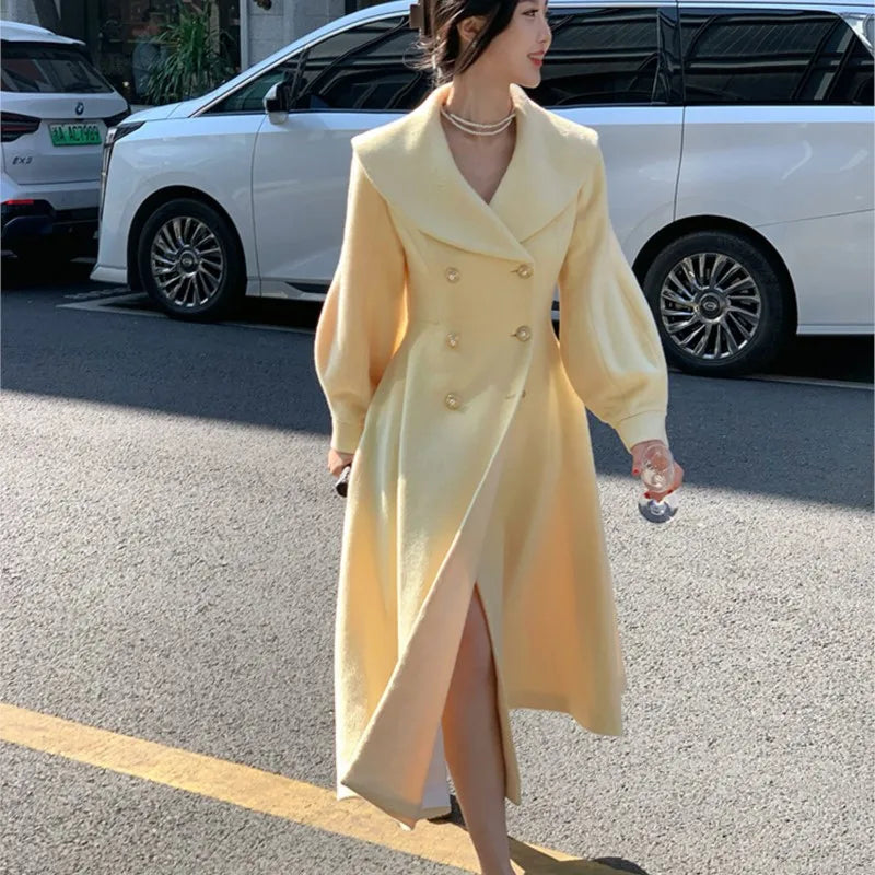 ’s Long Coats Winter New Outerwear Lapel Double Breasted Lantern Sleeve Woolen Overcoats