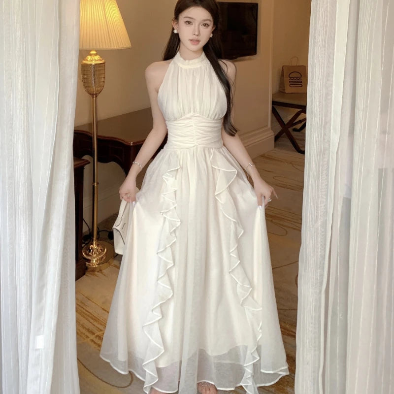 White Long Dresses Ruffles Halter Sleeveless Spring Summer Sweet Vestidos Korean Fasion Dress