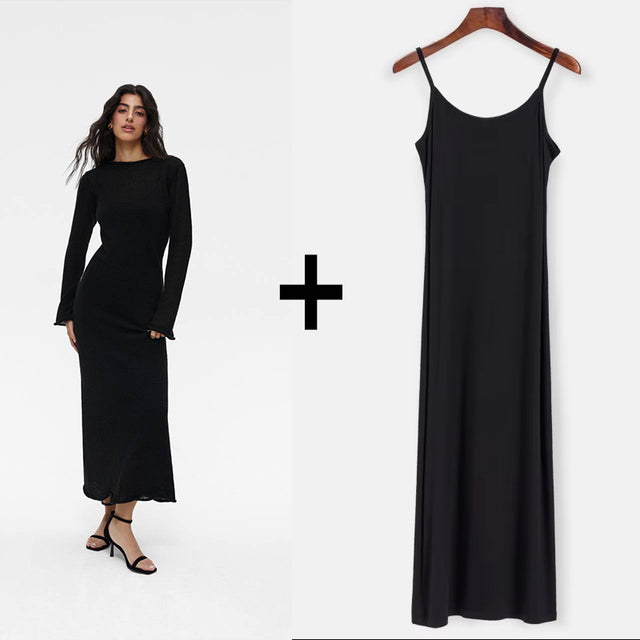 Spring Autumn O-neck Elastic Knit Long Dresses Soft Lady Hollowing Sweater Dresses Femme New