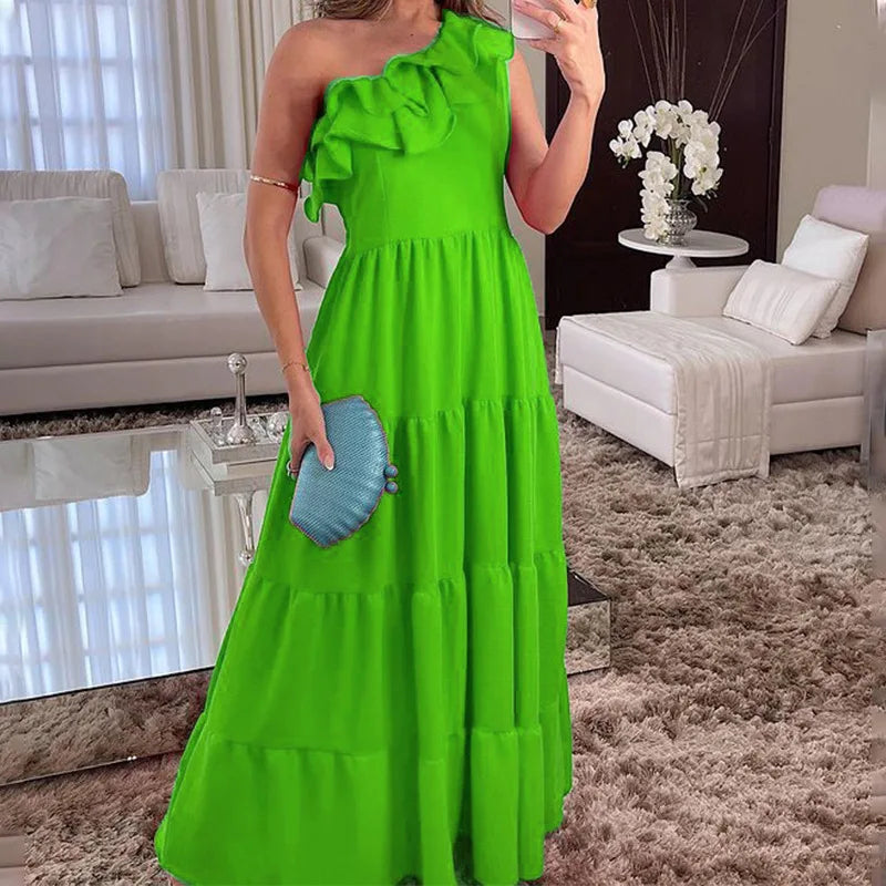 New Hollow Off Shoulder Party Dress High Waist Pleated Holiday Dress Asymmetric Ruffle Beach Long Dress