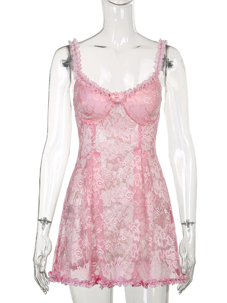 Y2k Aesthetic Lace Dress Pink Sleeveless a Line Lolita Japanese Mini Dresses Beach Party Outfit Kawaii Clothes Hot 90s