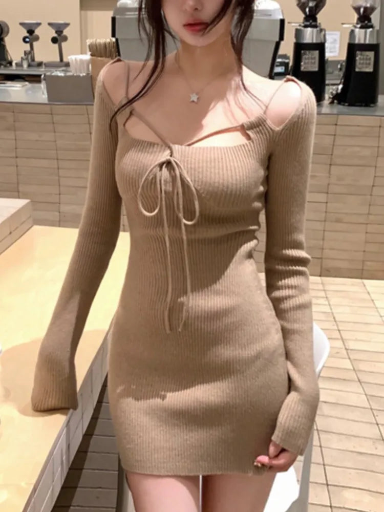 Knitted Dresses for Long Sleeve Laceup Evening Party Mini Dress Female One Piece Vestidos New