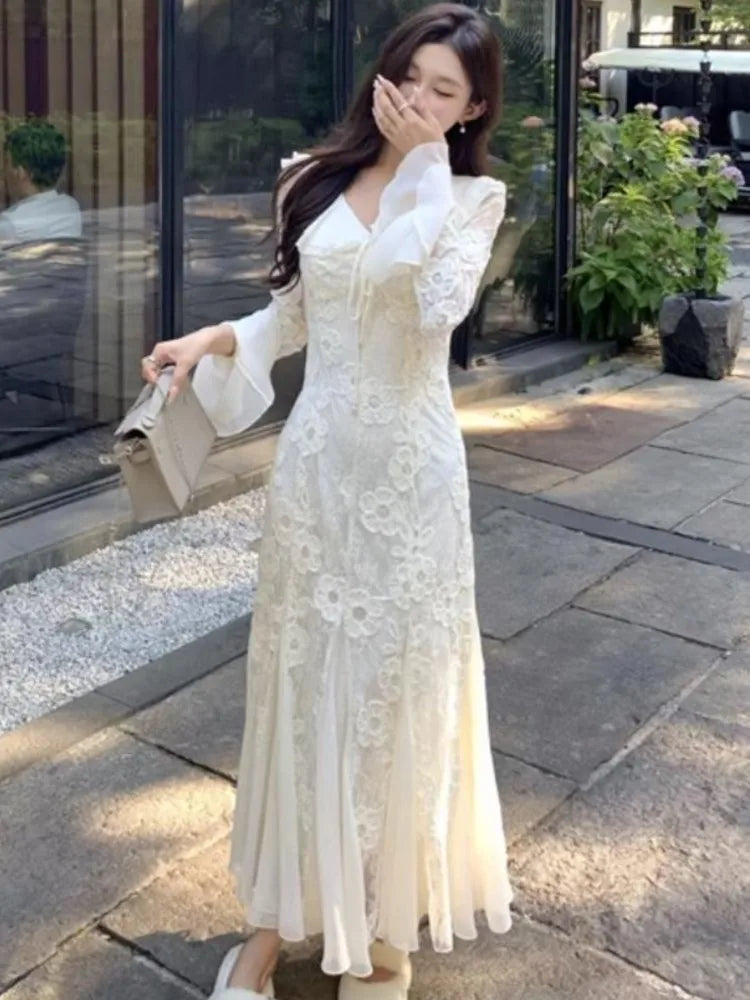 Party Dresses Woman Autumn Laceup Vneck Flare Sleeve Evening Party Long Dress Vestidos Robe Female Clothing New
