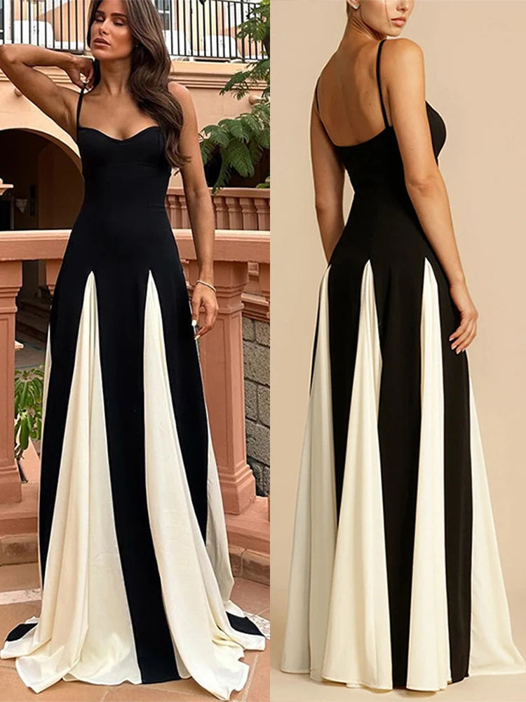 Patchwork Strap Maxi Dress Sleeveless Backless Female Sling Dresses Summer New Party Lady Robe