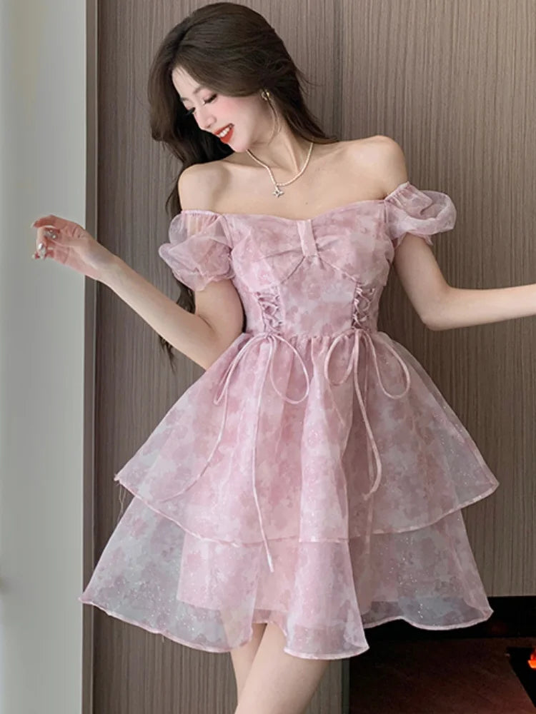 Korean Sweet Laceup Mini Dress Print Puff Sleeve Ball Gown Birthday Party Short Dresses Summer Spring Princess Vestidos