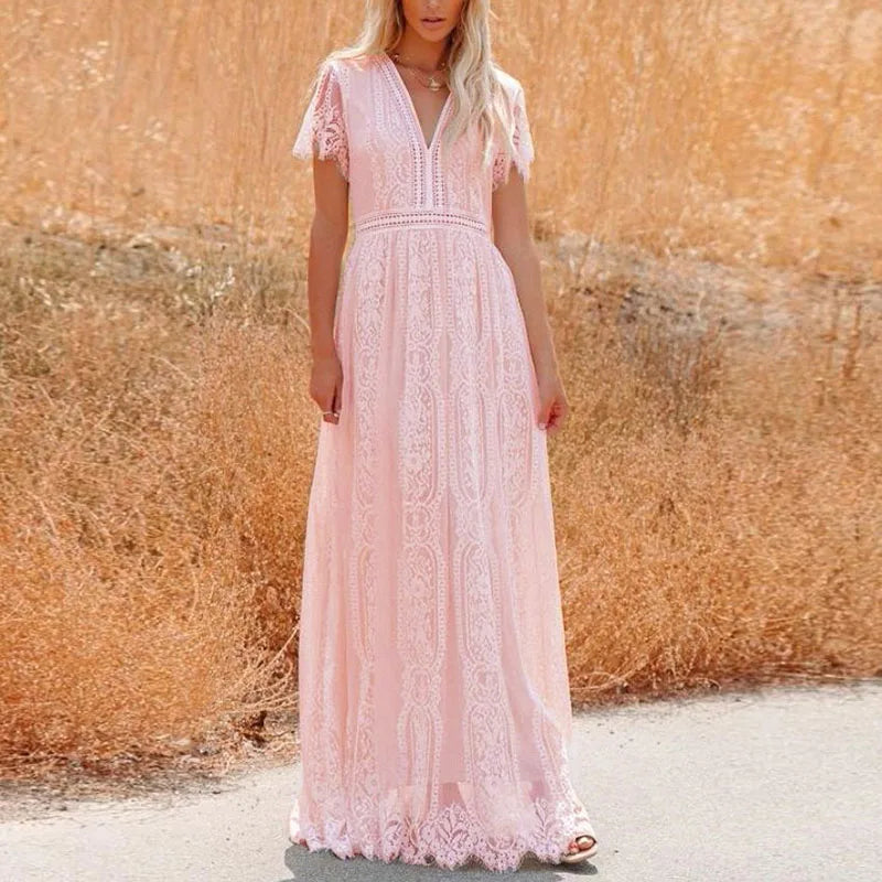 Jacquard Embroidery Lace Party Dress Spring Vneck High Waist Long Dress Summer Short Sleeve Loose Maxi Dress