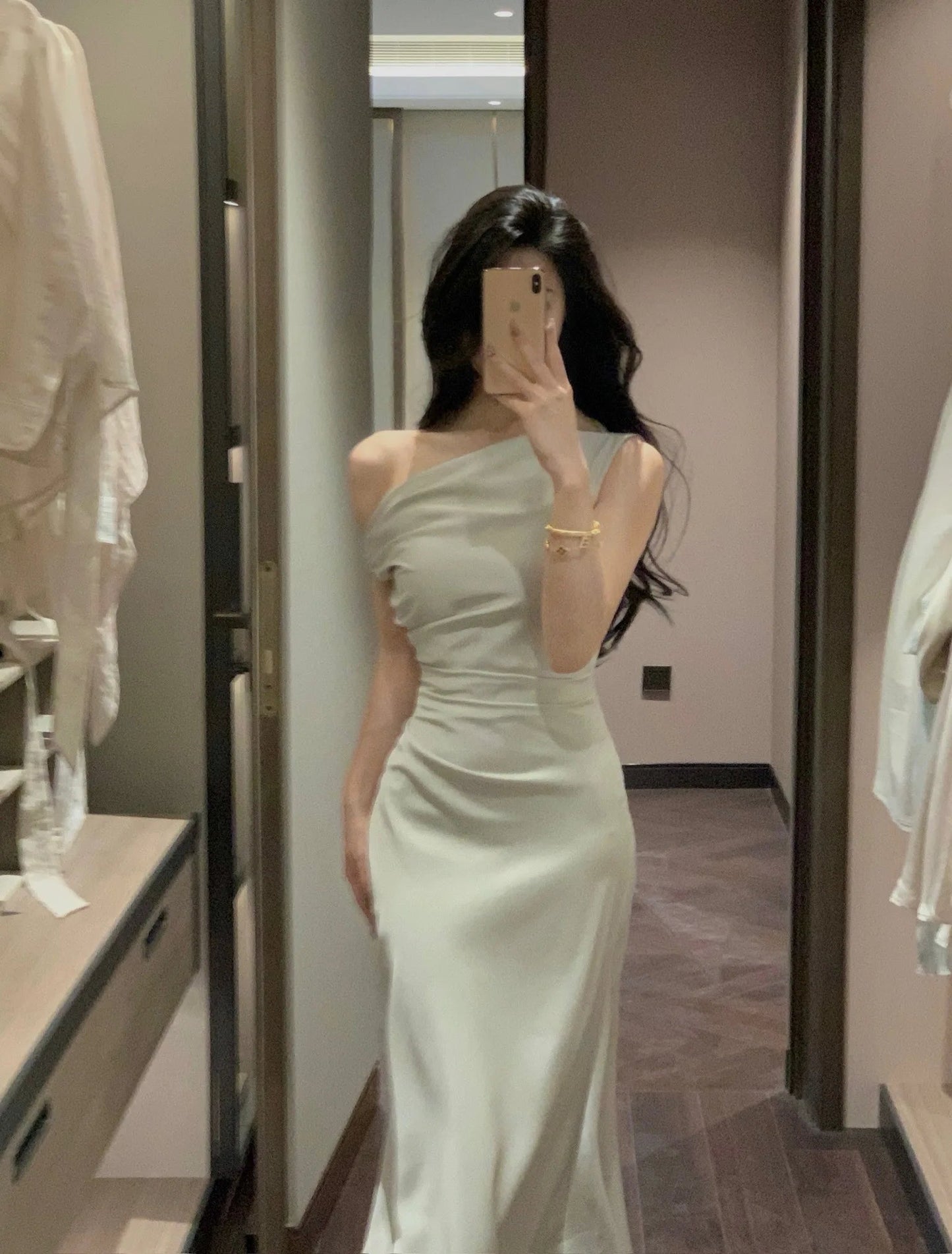 Evening Party Satin Long Dresses for Summer Pink Birthday Robe Slash Sleeveless Slim Female Clothing