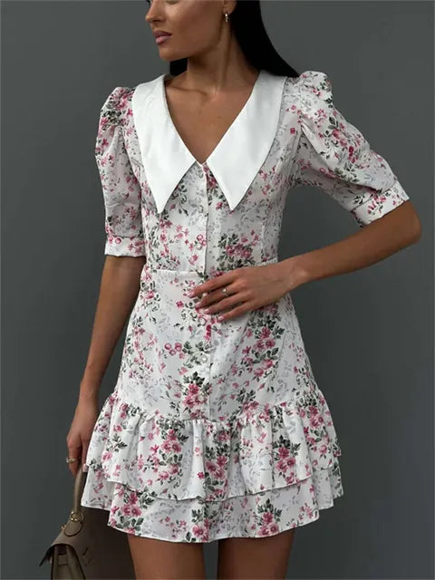 Printed Ruffled V-neck Mini Dress Female Short Sleeve Slim High Waist Party Dress ’s Summer Dress New