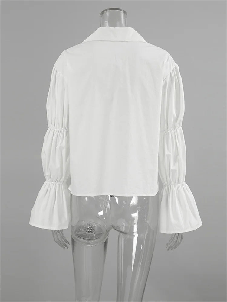 Chiffon Lace-up Hollow Out Shirts ’s Lapel Patchwork Bandage Long Sleeve Blouse Top Female White Outwear