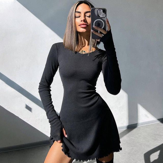 Ribbed Long Sleeve Mini Dress for Autumn Winter New O Neck Bandage Lace-up Dress Vestidos
