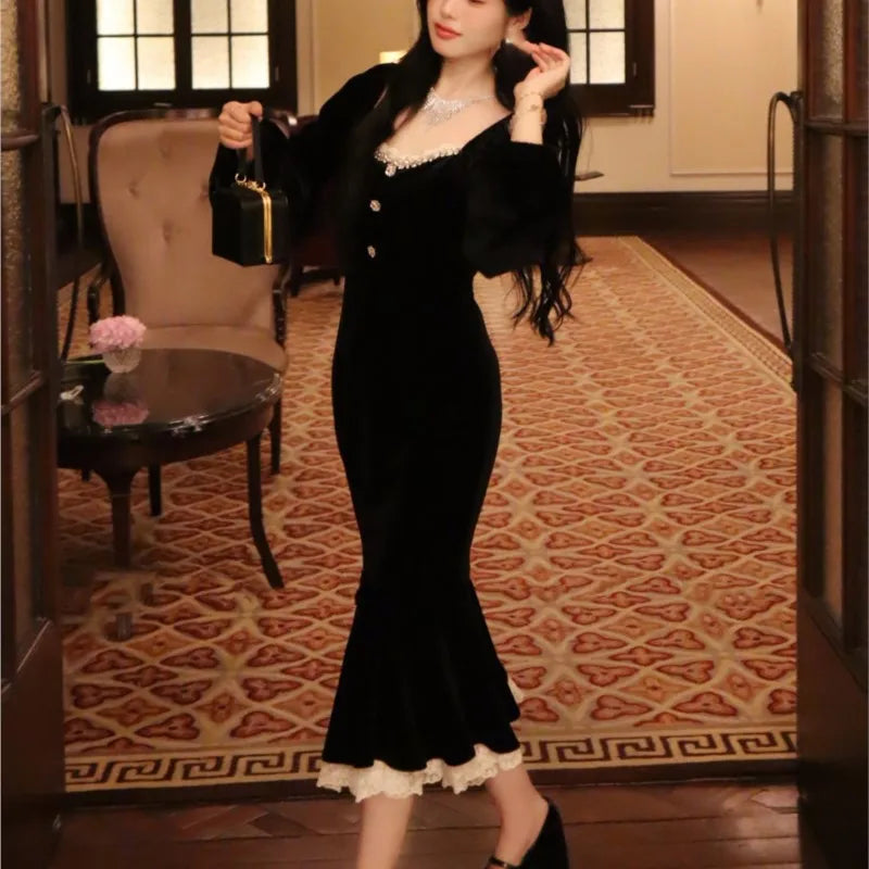 Black Velvet Midi Dresses for Square Collar Slim Bodycon Ruffles Patchwork Fishtail Autumn New Evening Party Dress