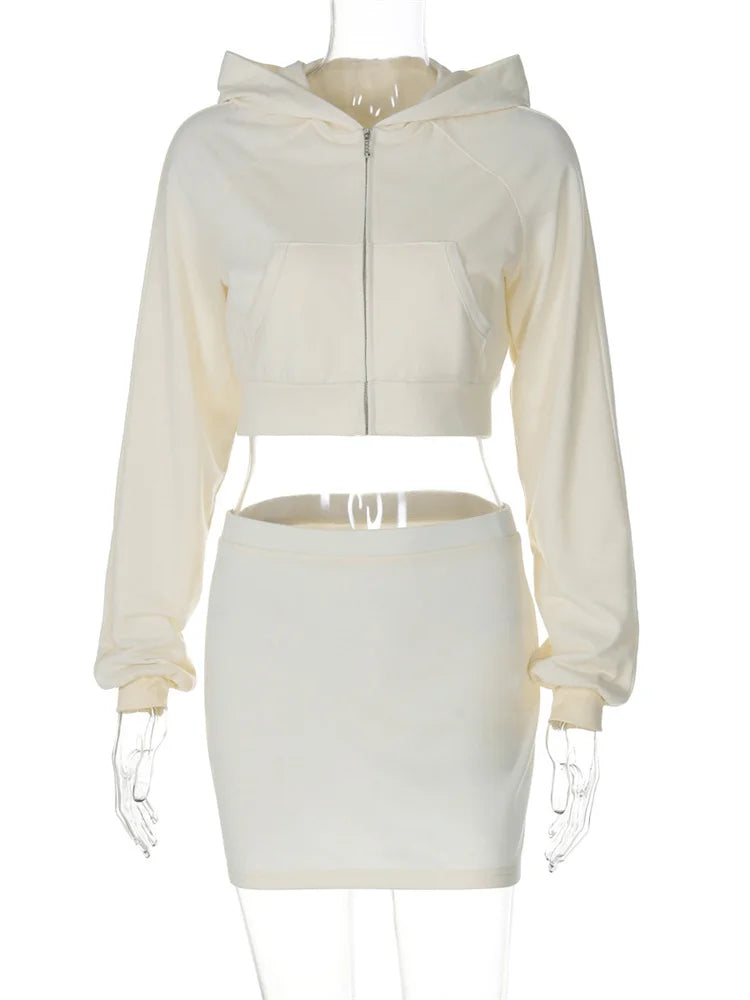 Autumn Hoodie 2 Piece-set Skirt Female Cropped Zipper Cardigan Top and Skirt Sets Tracksuit ’s Outfits
