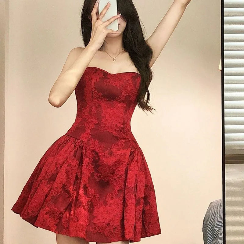 Y2k Red Dresses Aline Sleeveless Mini Dress Korean High Waist Vestidos Mujer