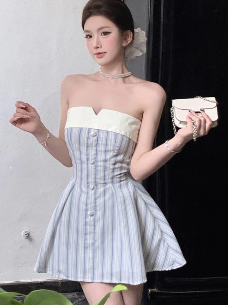 Y2k Strapless Mini Dresses for Bow Patchwork A-line Birthday Party Dress Korean Prom Short Vestidos Mujer
