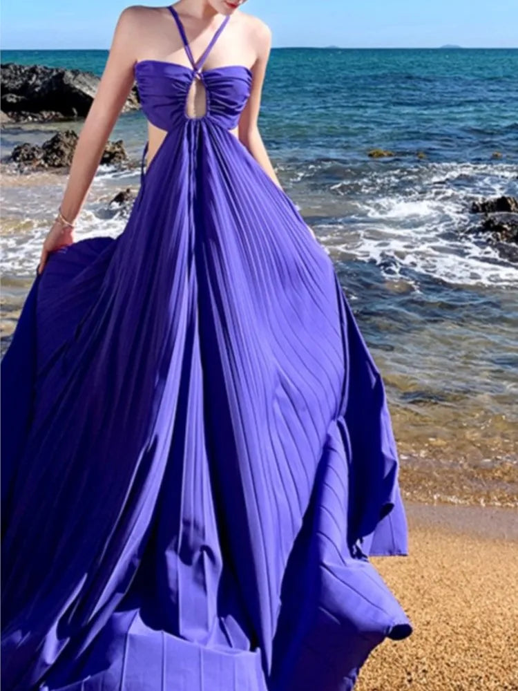 Purple Halter Bandage Long Dresses High Waist Hollowed Out Pleated Evening Party Summer Backless Vacation Sundress