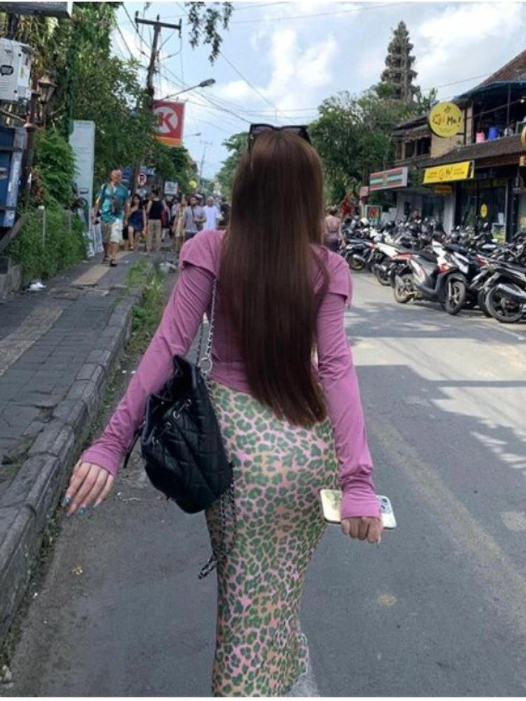 Y2k American Slim Party Dress Office Lady Causal Leopard Print Dress Summer Korean Midi Dress