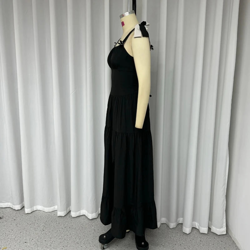 Dresses Summer Square Neck Bow Strap Sleeveless Black Pleated Party Long Dress