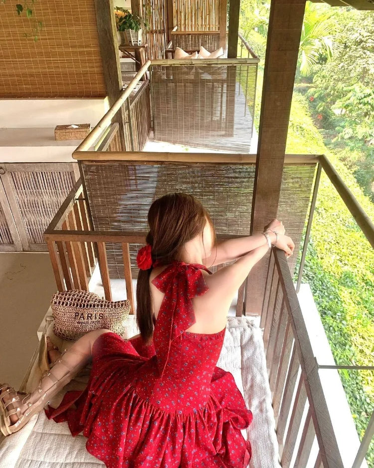 Woman Dresses Printed Sleeveless Halter Irregular Ruffles Bow Bandage Backless Mini Dress Sweet Party