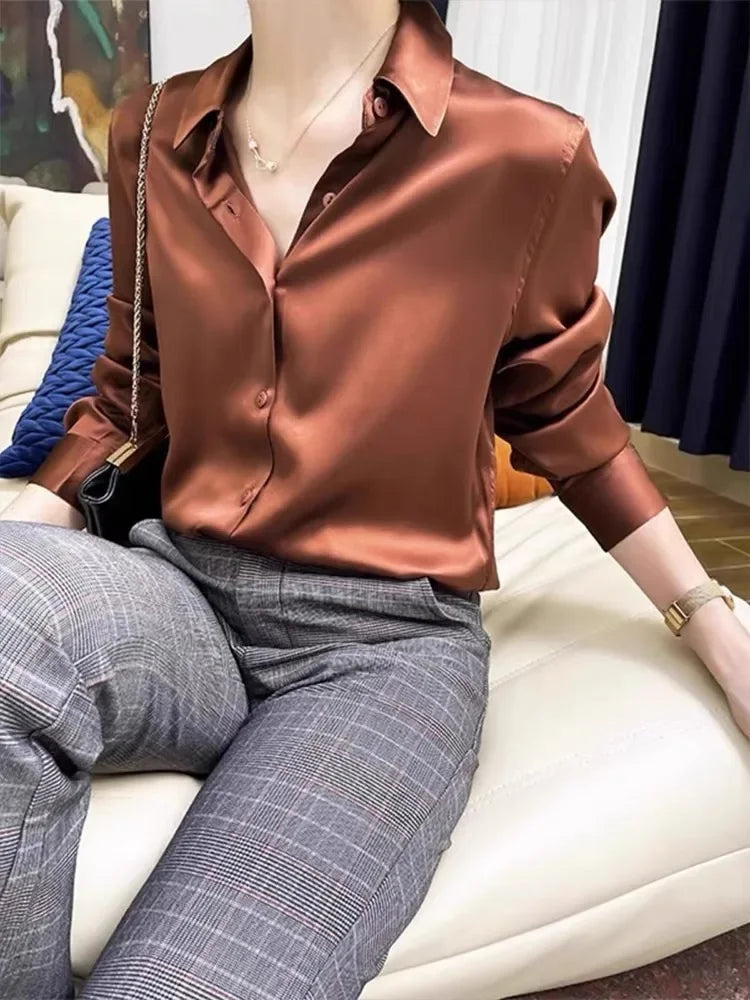 Satin Long Sleeve Polo Neck Blouse