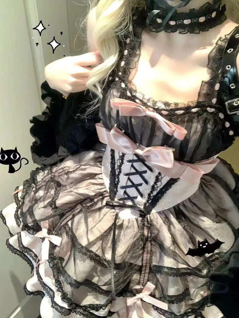 Japanese Sweet Lolita Jsk Dress Gothic Y2k Bow Lace Ruffles Evening Party Mini Dresses Harajuku Kawaii Black Vestidos