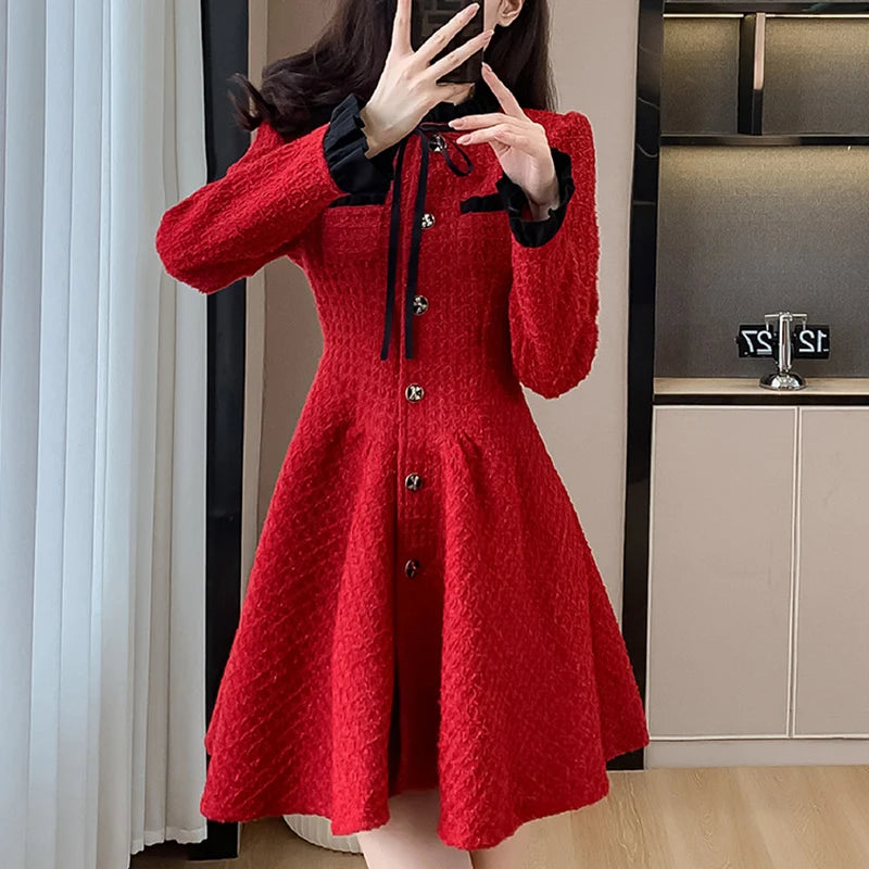 New Tweed Pleated Mini Dress Autumn Long Sleeve Korean Style Single Breasted Ruffle Office Lady Dresses