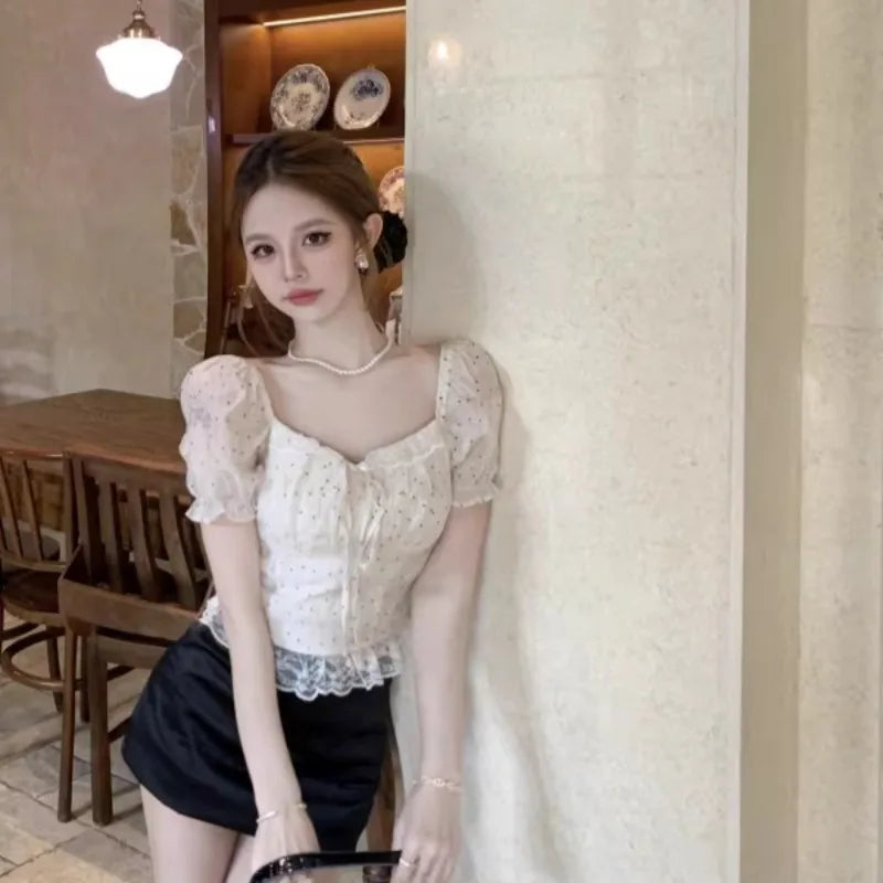Puff Sleeve Blouses Polka Dot Spring Summer Sweet Korean Shirts Square Neck Retro Blusas Mujer