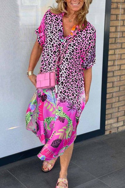 Leopard Print Patchwork Dresses V-neck Short Sleeves Pocket Loose Slit Midi Dress Lady Vestidos Summer New